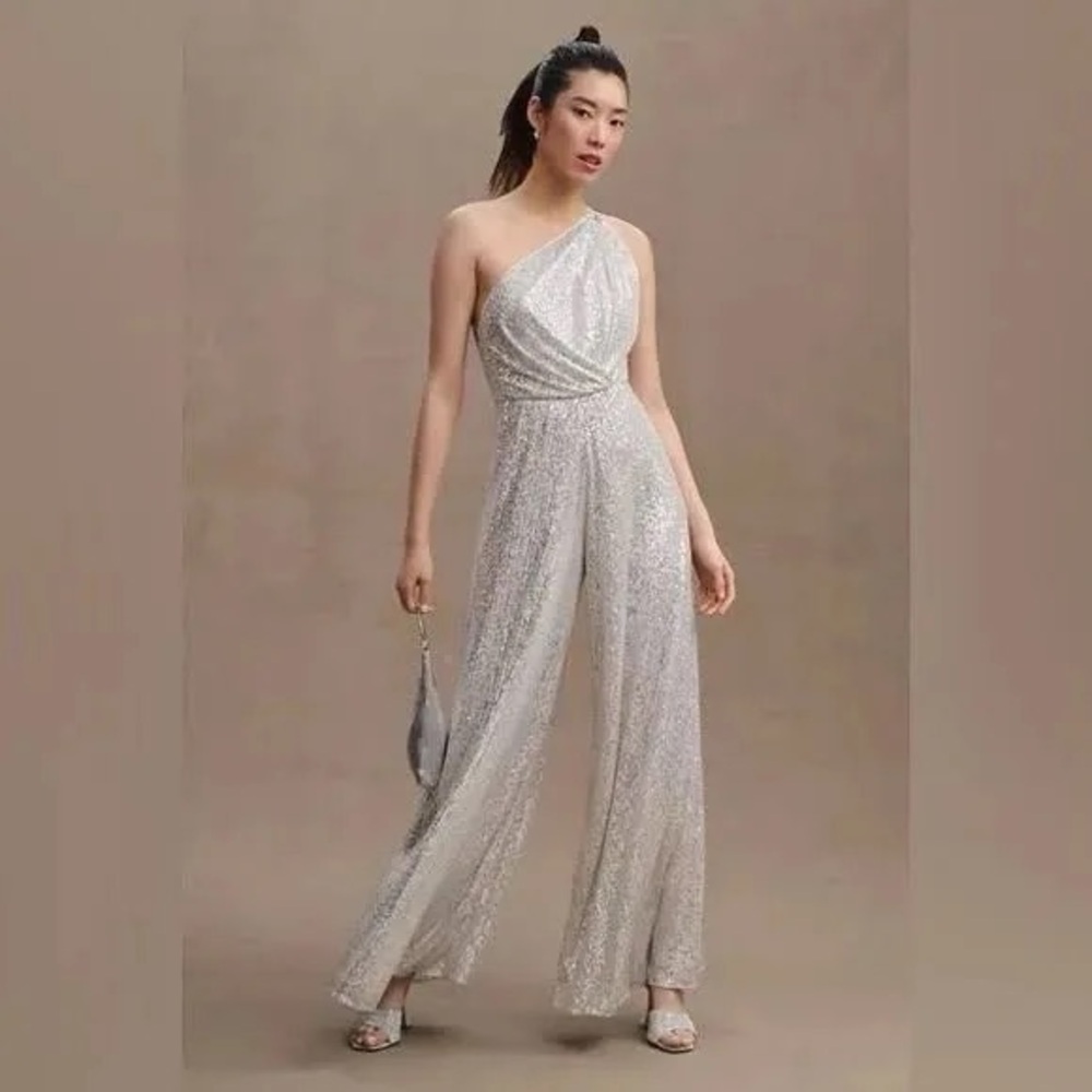 Silver One-Shoulder Jumpsuit with Shimmering Finish